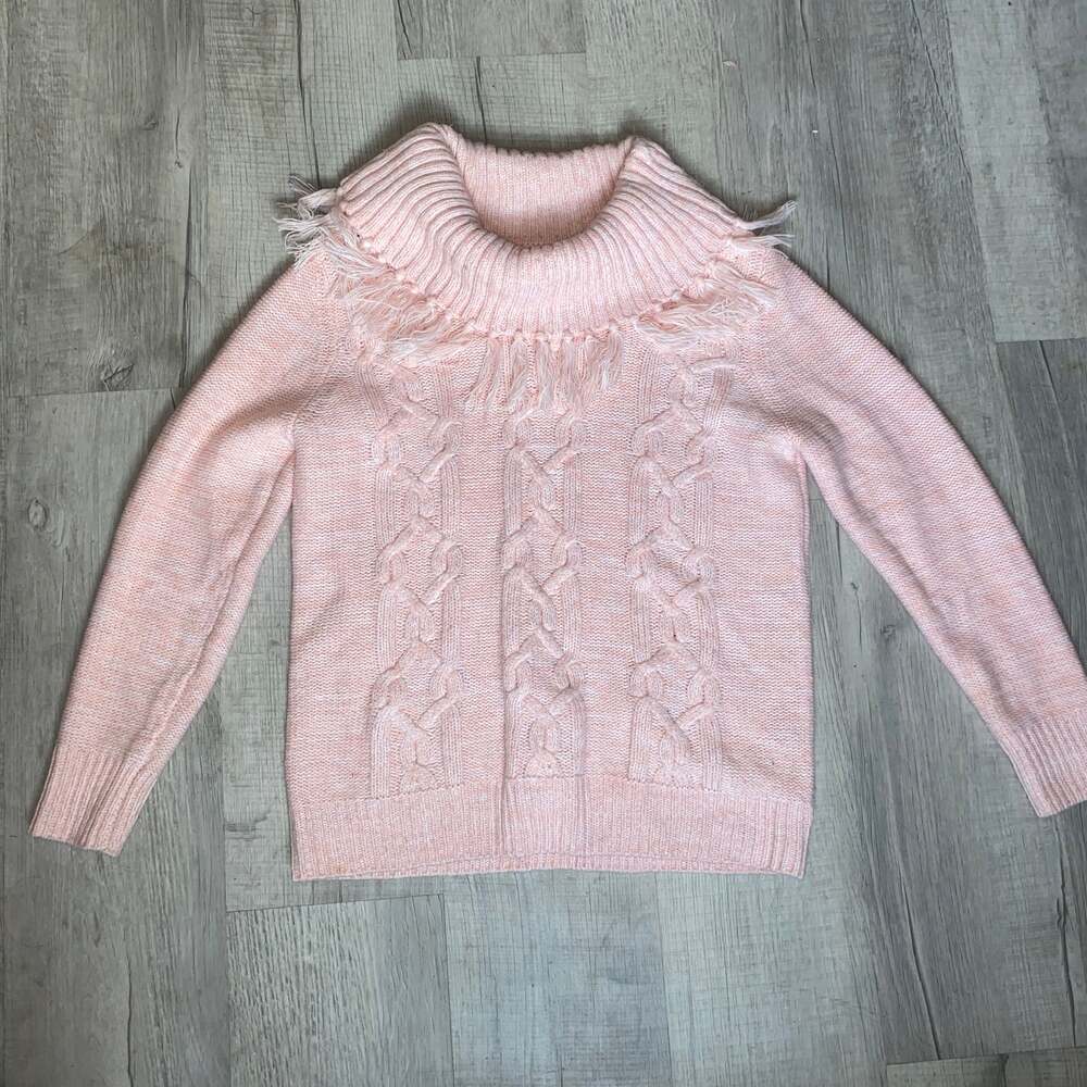 Ruby Road Womens size L Pink Cowlneck Long Sleeve Sweater Cable Front Fringe
